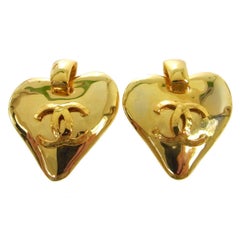 Chanel Large Heart Gold Doorknocker Charm Dangle Evening Hoop Earrings in Box