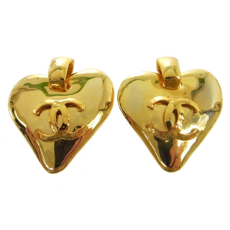 Chanel Large Heart Gold Doorknocker Charm Dangle Evening Hoop Earrings in  Box at 1stDibs