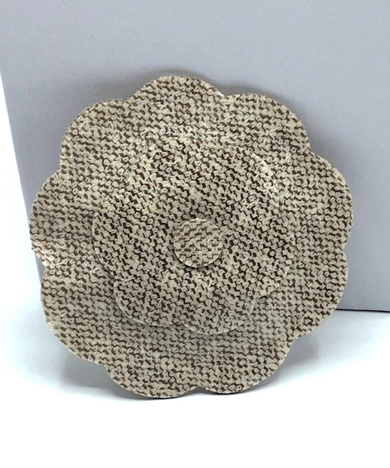 Chanel Large Laminated Boucle Tweed Fabric Camelia Brooch, 1990s In Good Condition In New York, NY