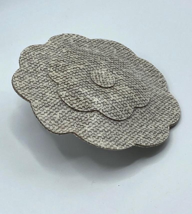 Women's or Men's Chanel Large Laminated Boucle Tweed Fabric Camelia Brooch, 1990s