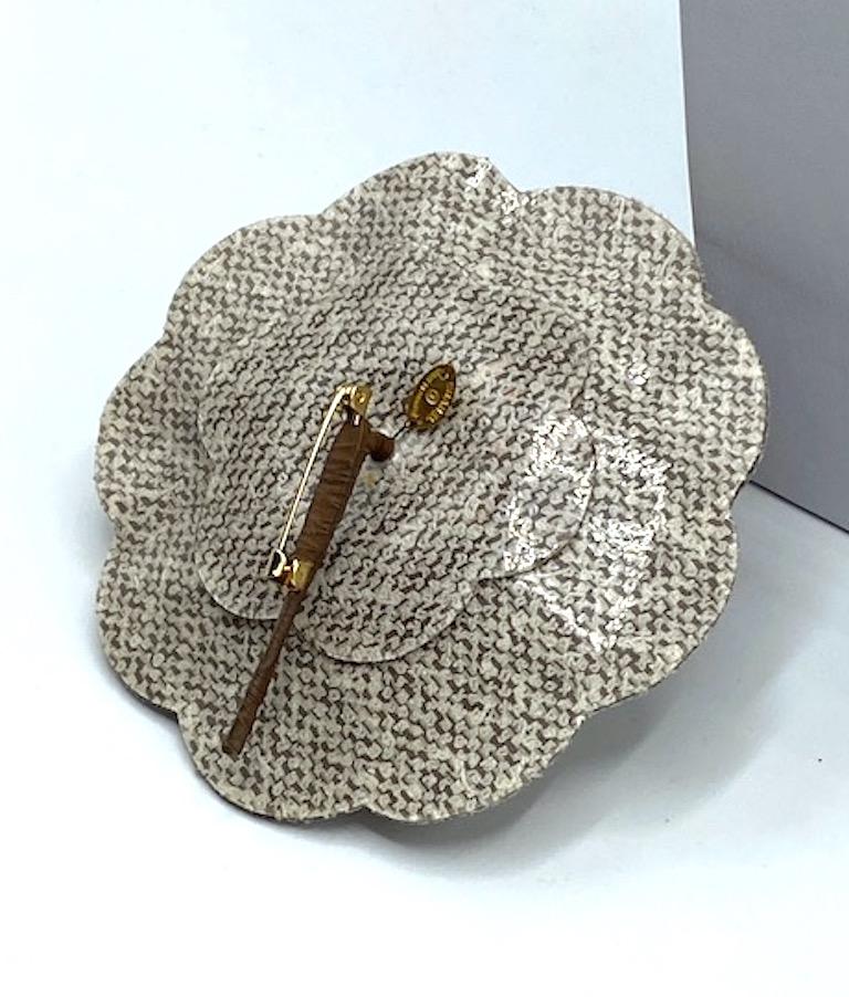 Chanel Large Laminated Boucle Tweed Fabric Camelia Brooch, 1990s 5