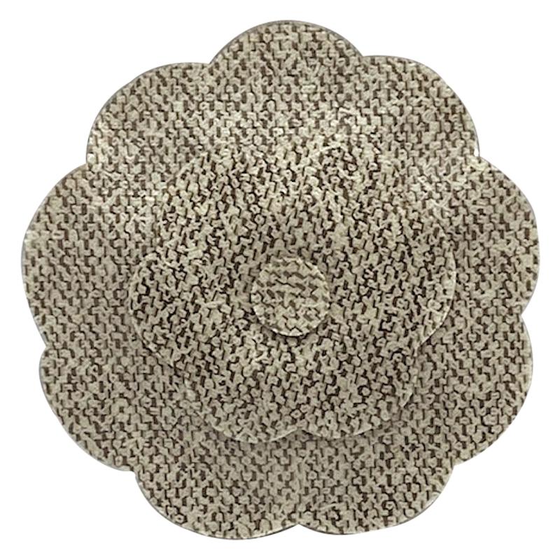 Chanel Large Laminated Boucle Tweed Fabric Camelia Brooch, 1990s