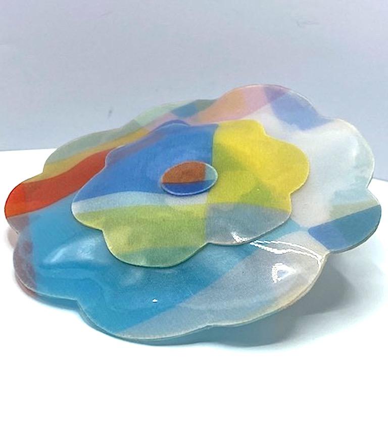 Women's or Men's Chanel Large Laminated Pastel Fabric Camelia Brooch, 1990s