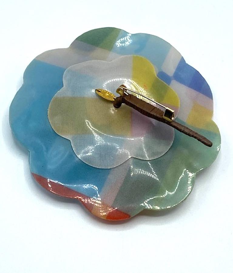 Chanel Large Laminated Pastel Fabric Camelia Brooch, 1990s 3