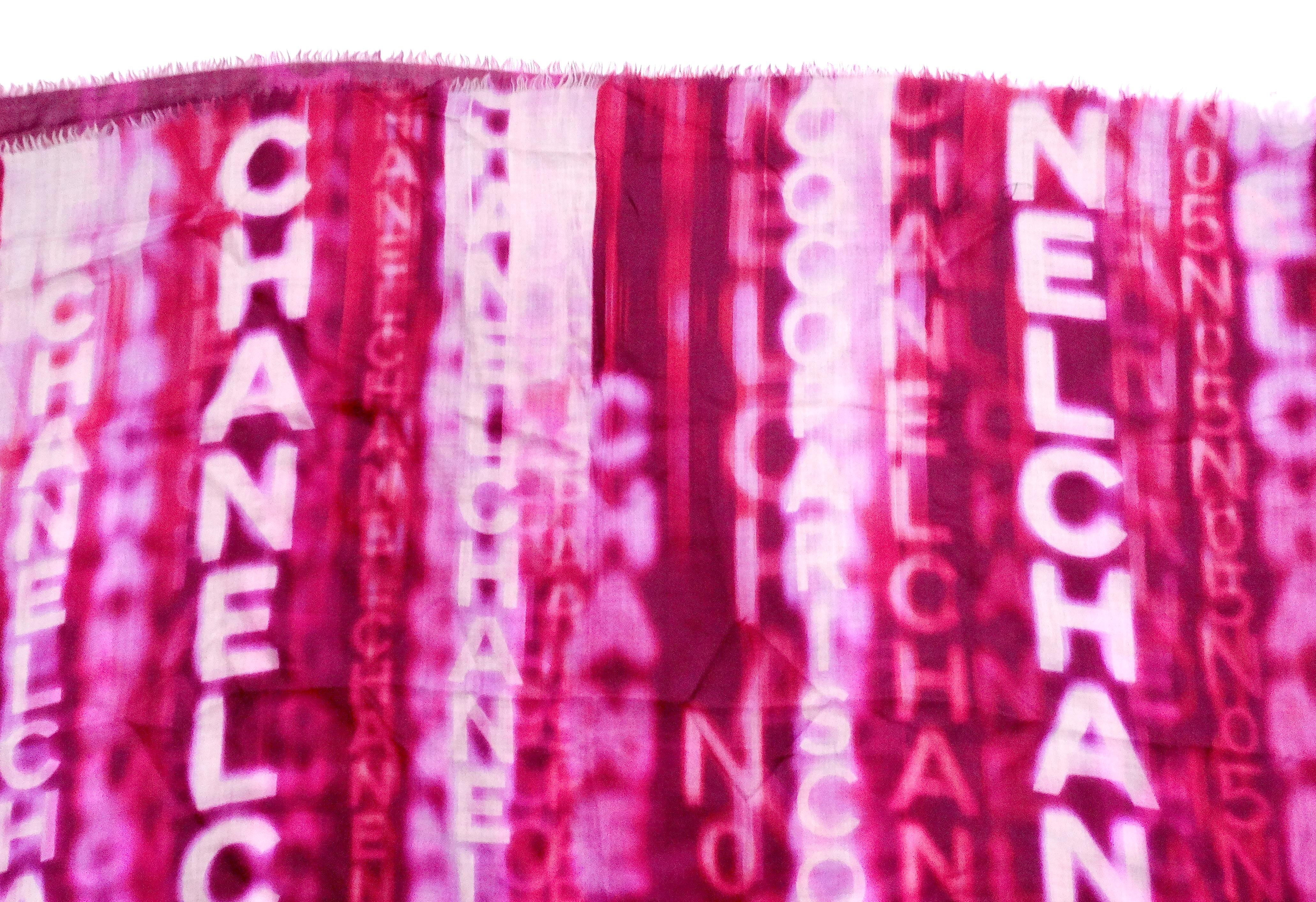 Women's Chanel Large Logo Print Purple & Red Fringe Scarf For Sale