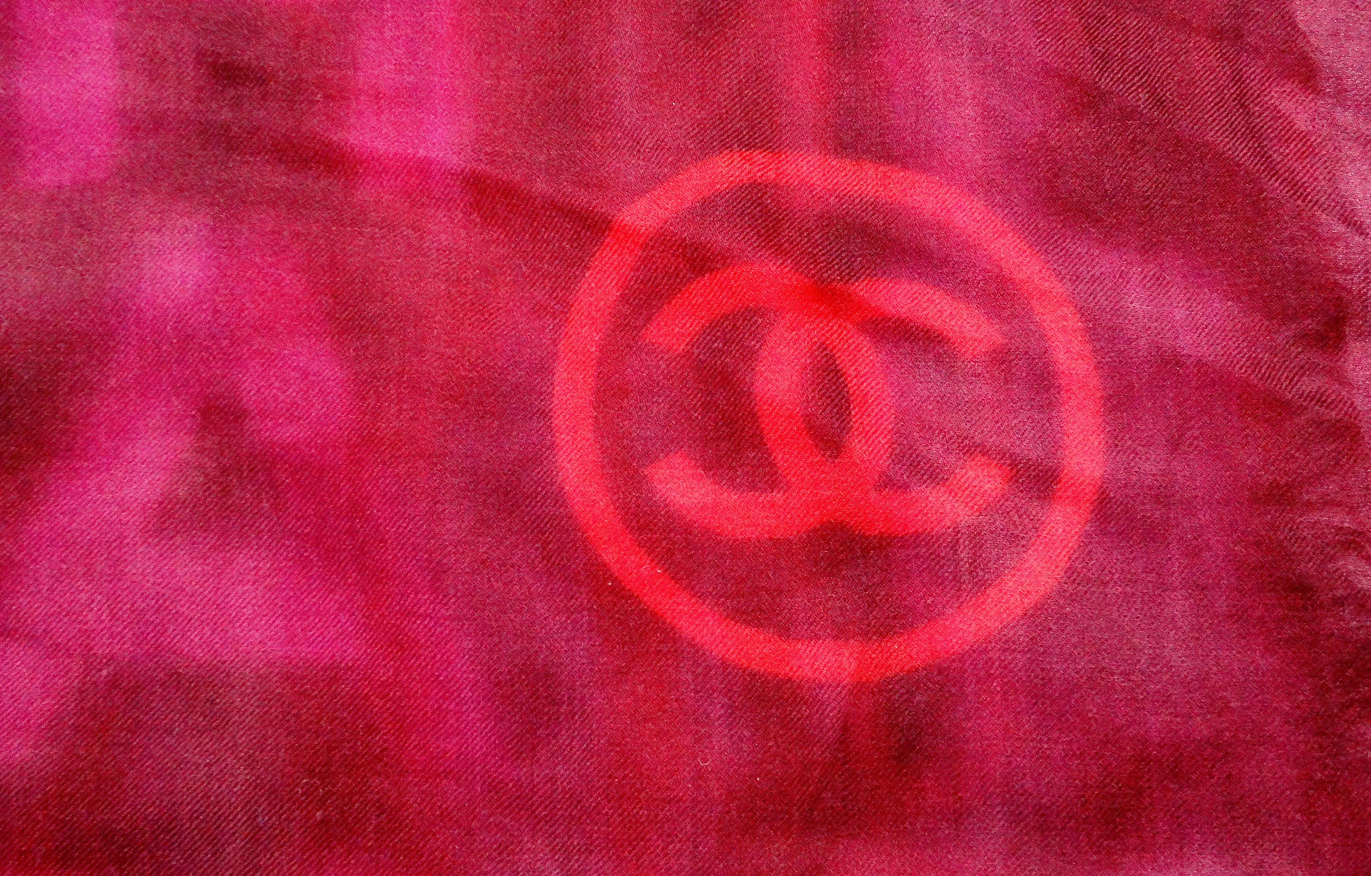 Chanel Large Logo Print Purple & Red Fringe Scarf For Sale 2