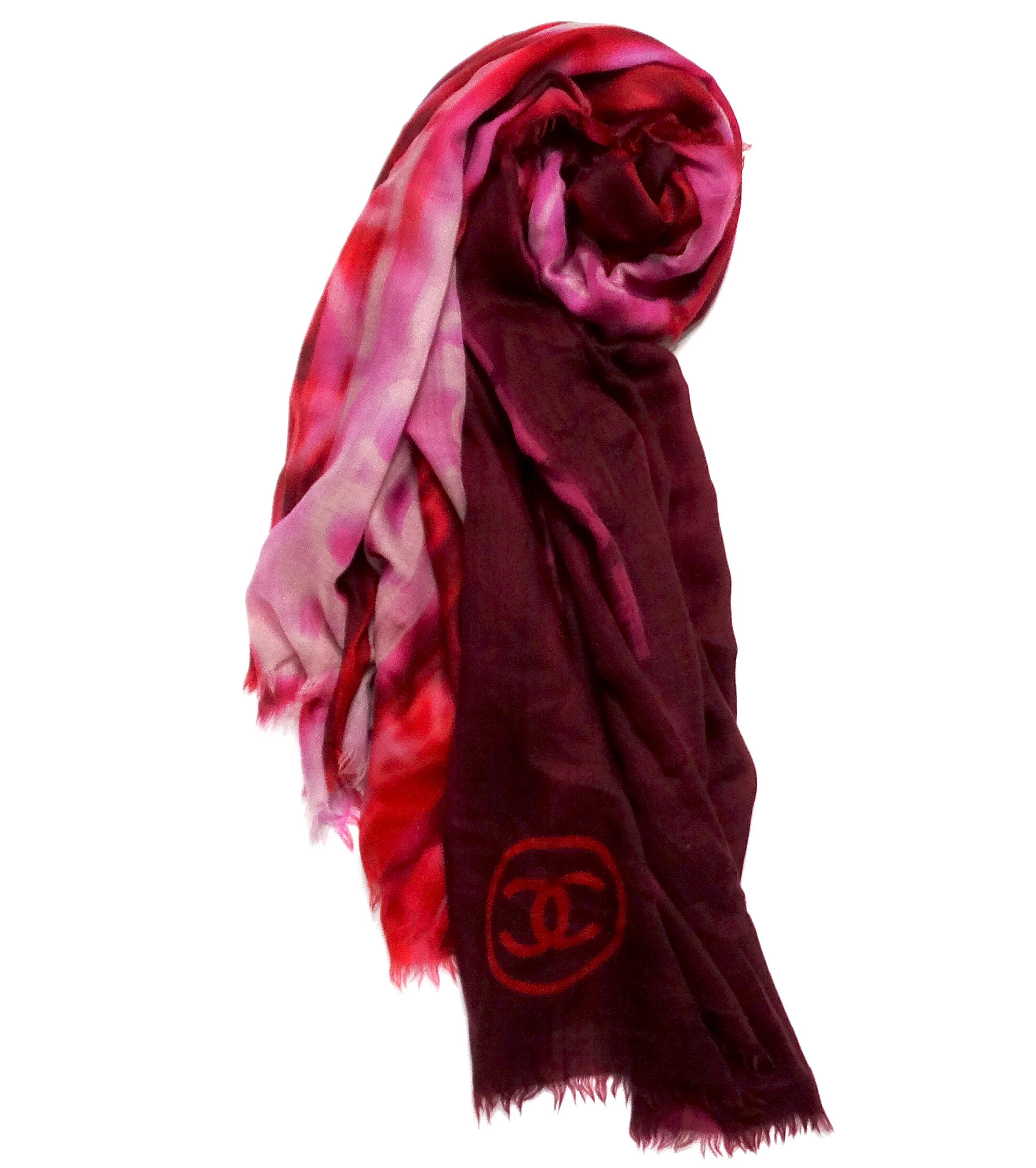 Chanel Large Logo Print Purple & Red Fringe Scarf For Sale 3