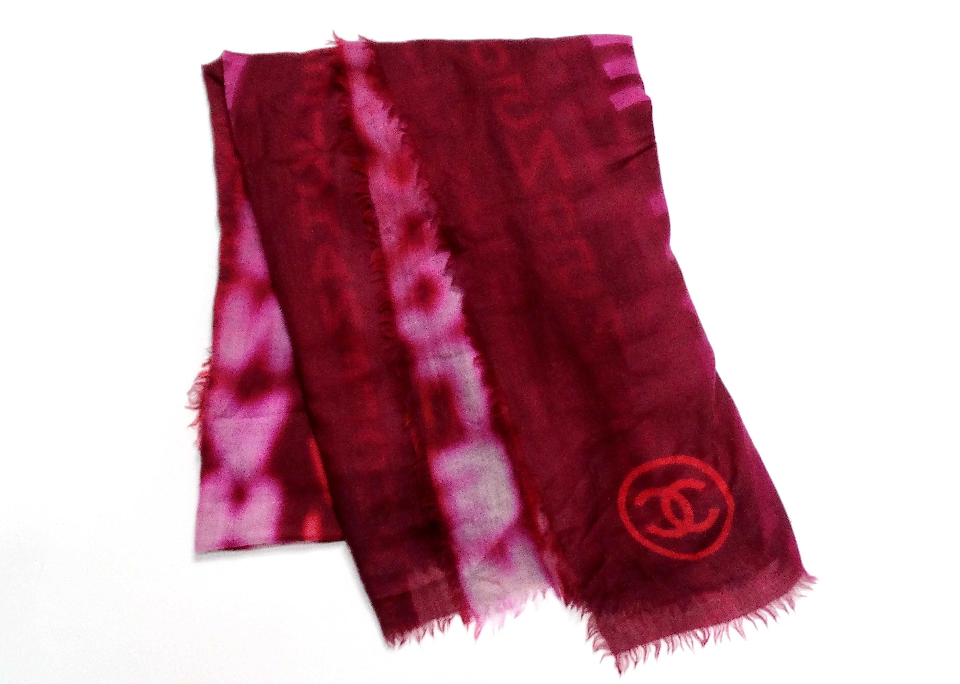 Chanel Large Logo Print Purple & Red Fringe Scarf For Sale 4