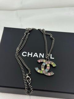 Chanel Large Multicolor Crystal CC Silver Pendant Necklace