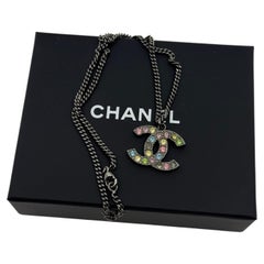 Chanel Large Multicolor Crystal CC Silver Pendant Necklace