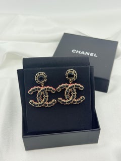 CHANEL Large Oversized Black Leather Gold CC Dangle Earrings