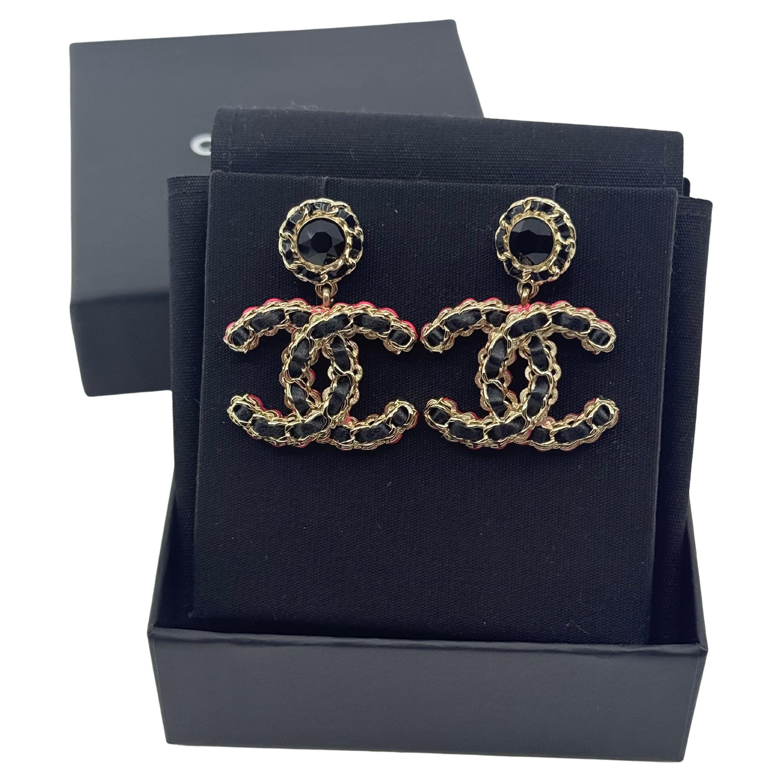 CHANEL Large Oversized Black Leather Gold CC Dangle Earrings For Sale