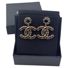 CHANEL Large Oversized Black Leather Gold CC Dangle Earrings