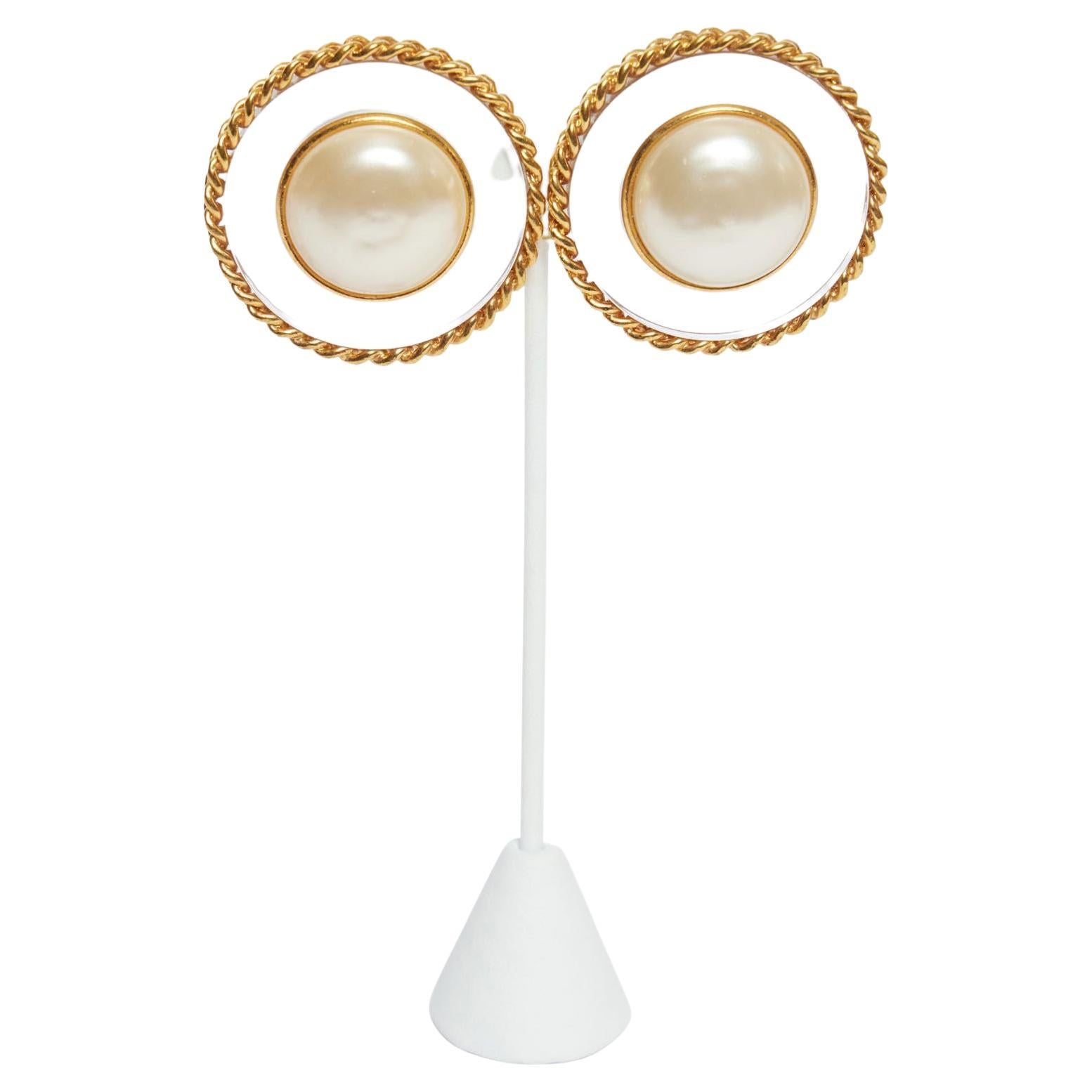 Chanel Large Pearl/Clear Lucite Earrings For Sale