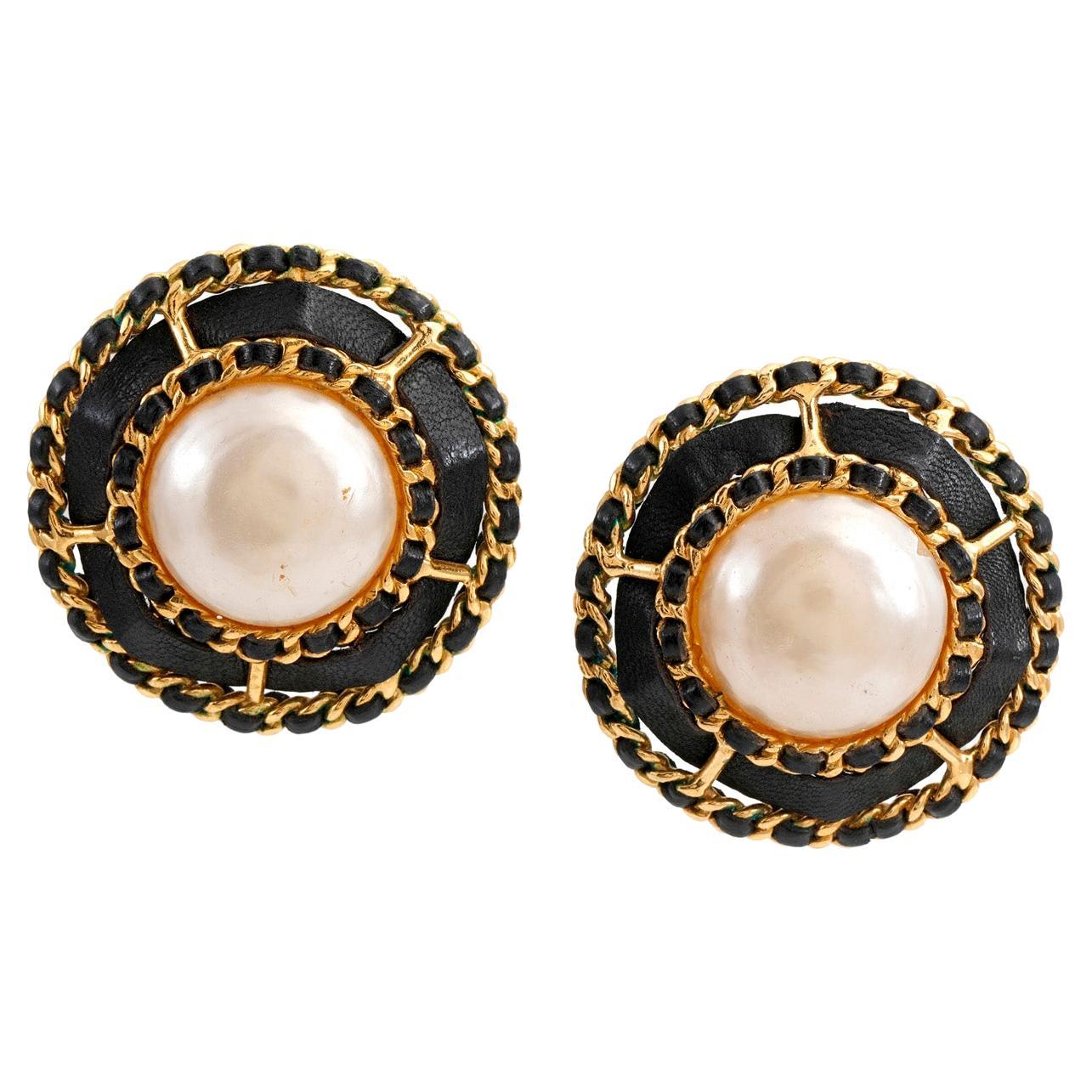 Chanel Large Pearl Clip On Earrings with Leather and Chain Surround For Sale