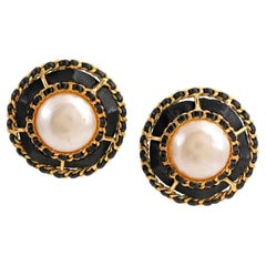 Vintage Chanel Large Pearl Clip On Earrings with Leather and Chain Surround