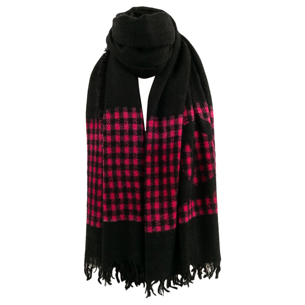 Chanel - Large écharpe en cachemire rose et noir en vente