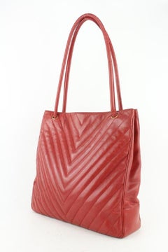 Chanel Large Red Caviar Leather Quilted Chevron Shopper Tote Bag 563cas614