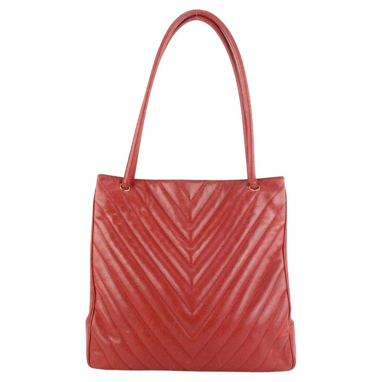 Chanel Large Red Caviar Leather Quilted Chevron Shopper Tote Bag ...