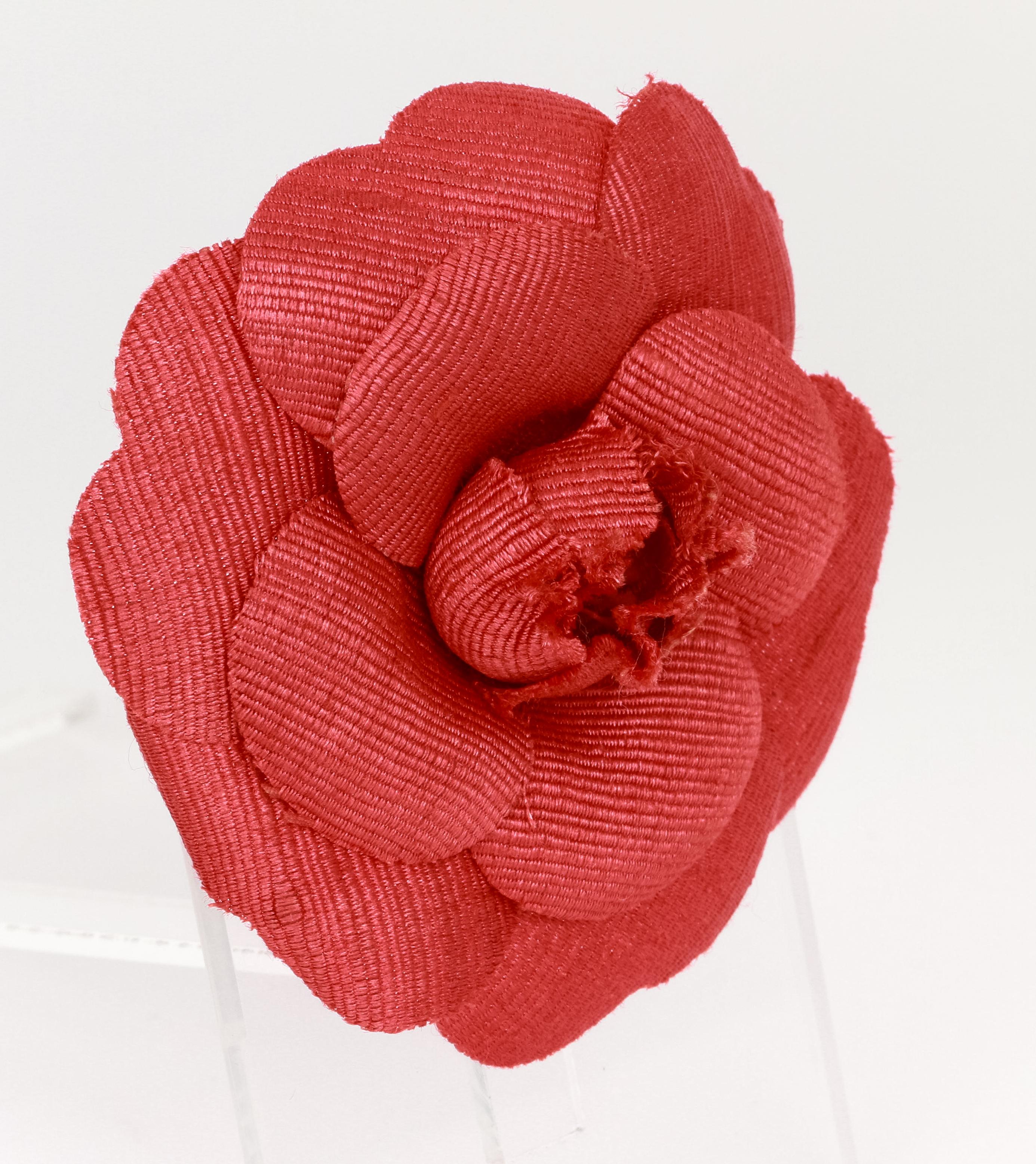 Chanel large red fabric camellia brooch, 3.5
