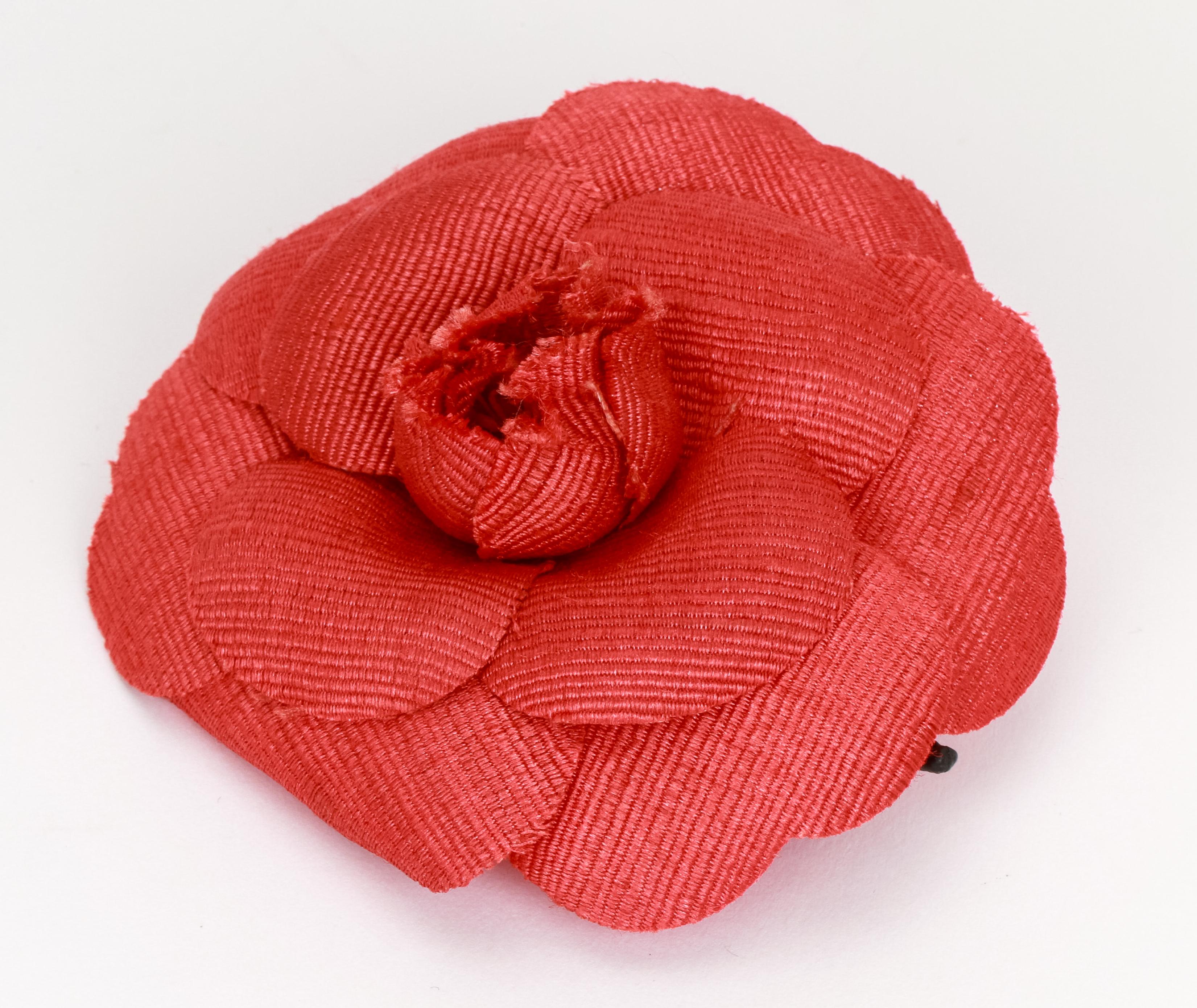 Women's Chanel large red fabric camellia brooch