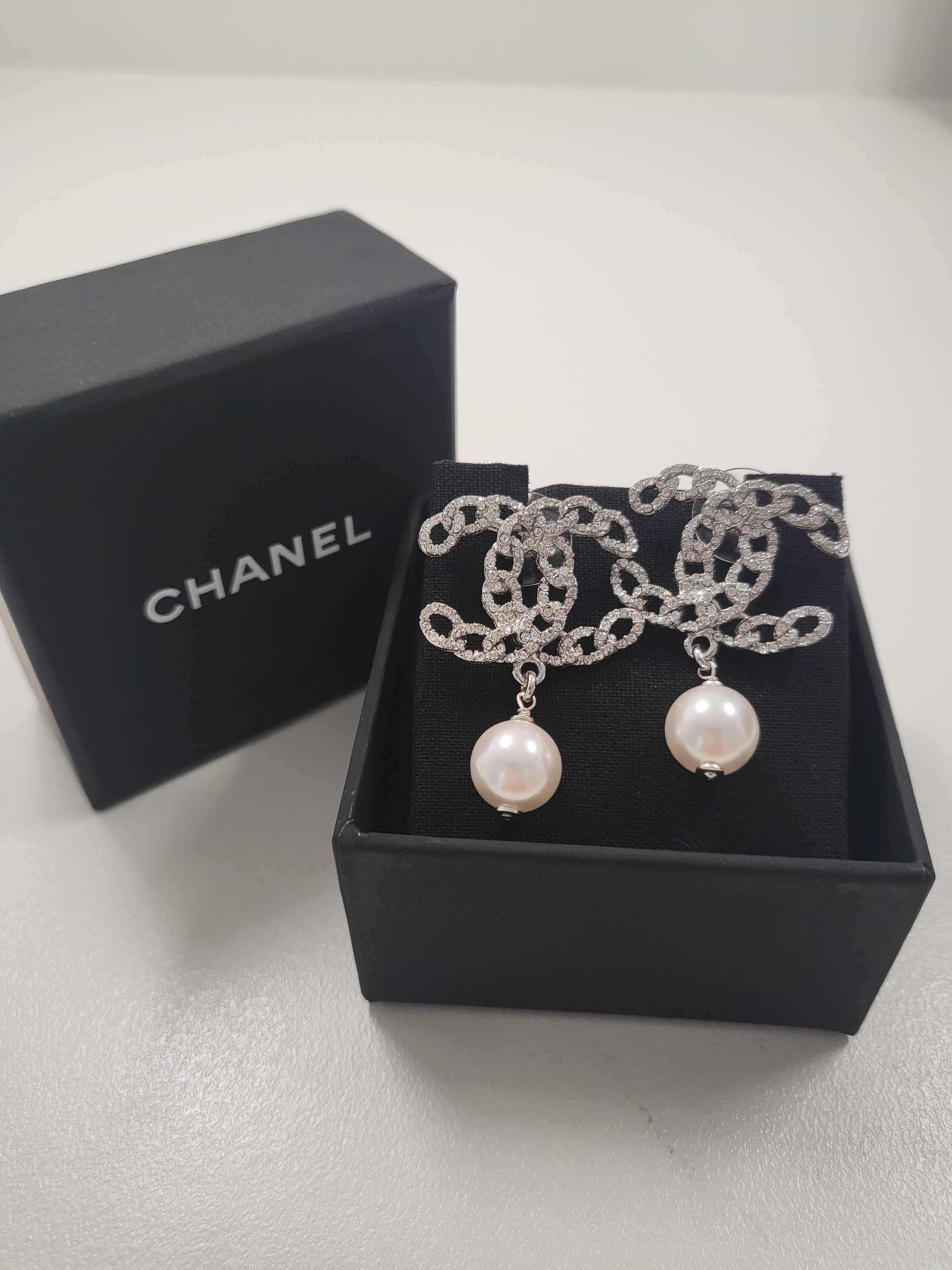 Contemporary Chanel Large Rhinestone CC Drop Pearl Dangling Earrings