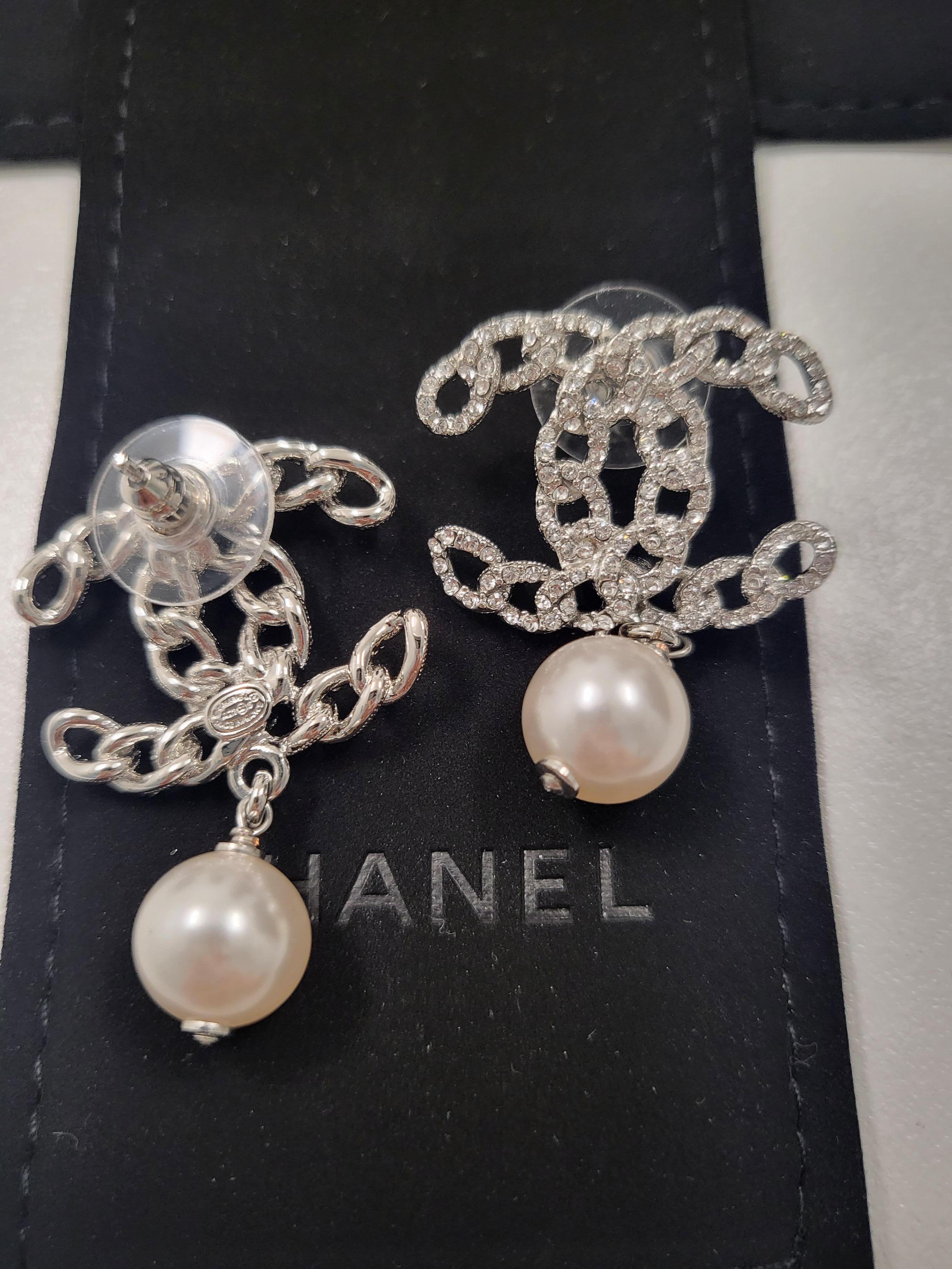 Chanel Large Rhinestone CC Drop Pearl Dangling Earrings In Excellent Condition In PUTNEY, NSW