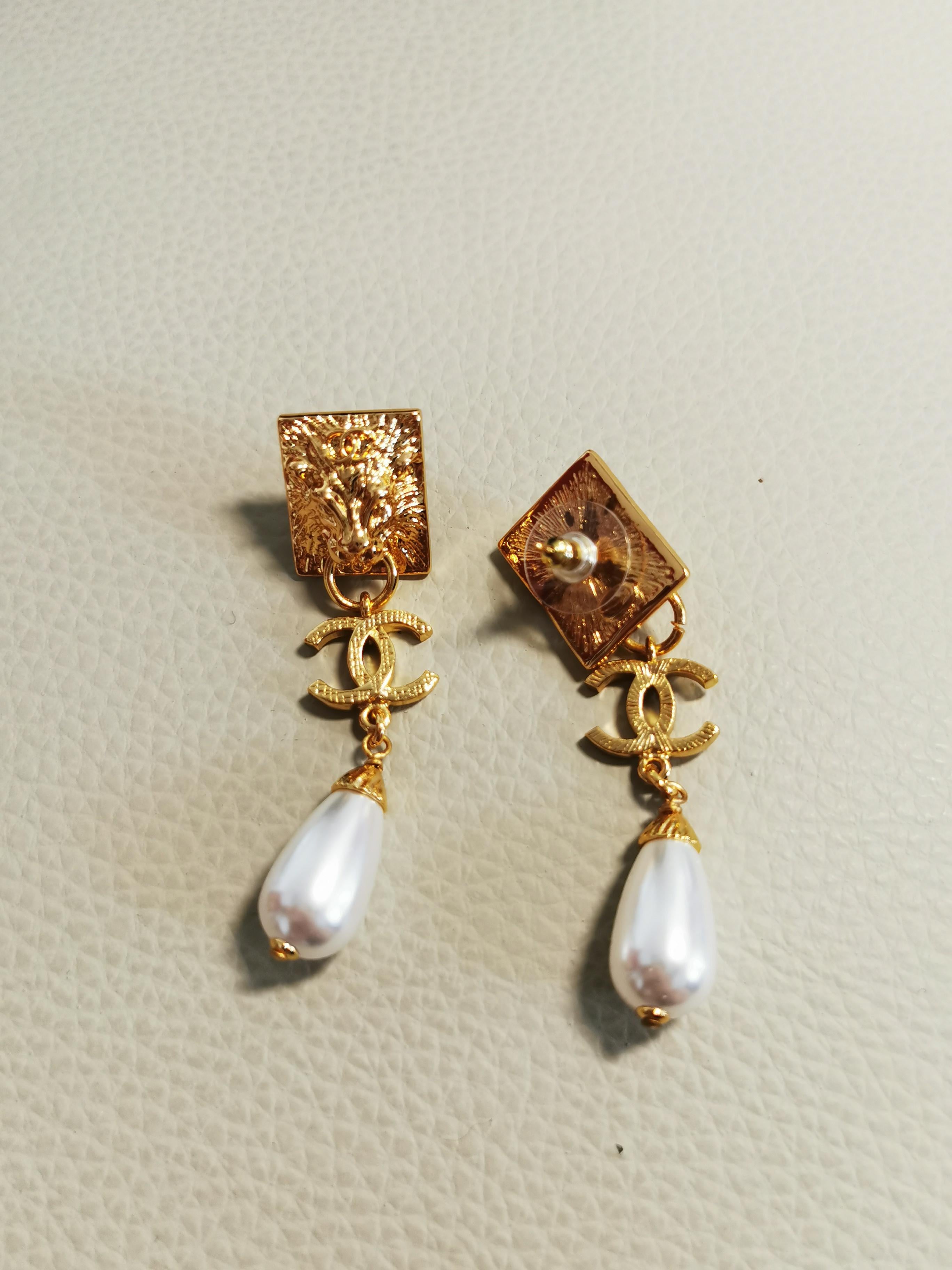 Women's Chanel Large Rhinestone CC Drop Pearl Dangling Earrings