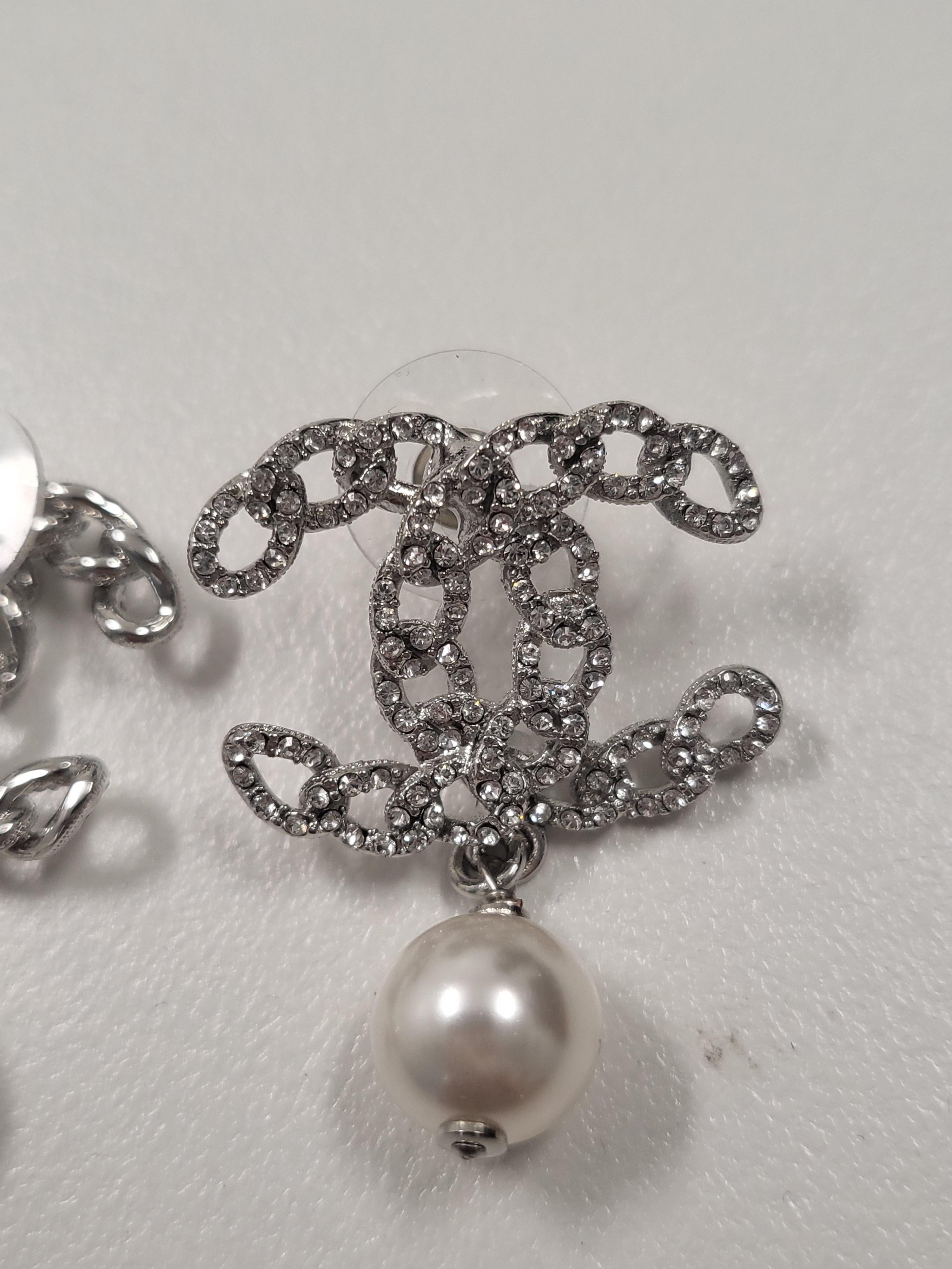 Chanel Large Rhinestone CC Drop Pearl Dangling Earrings 1