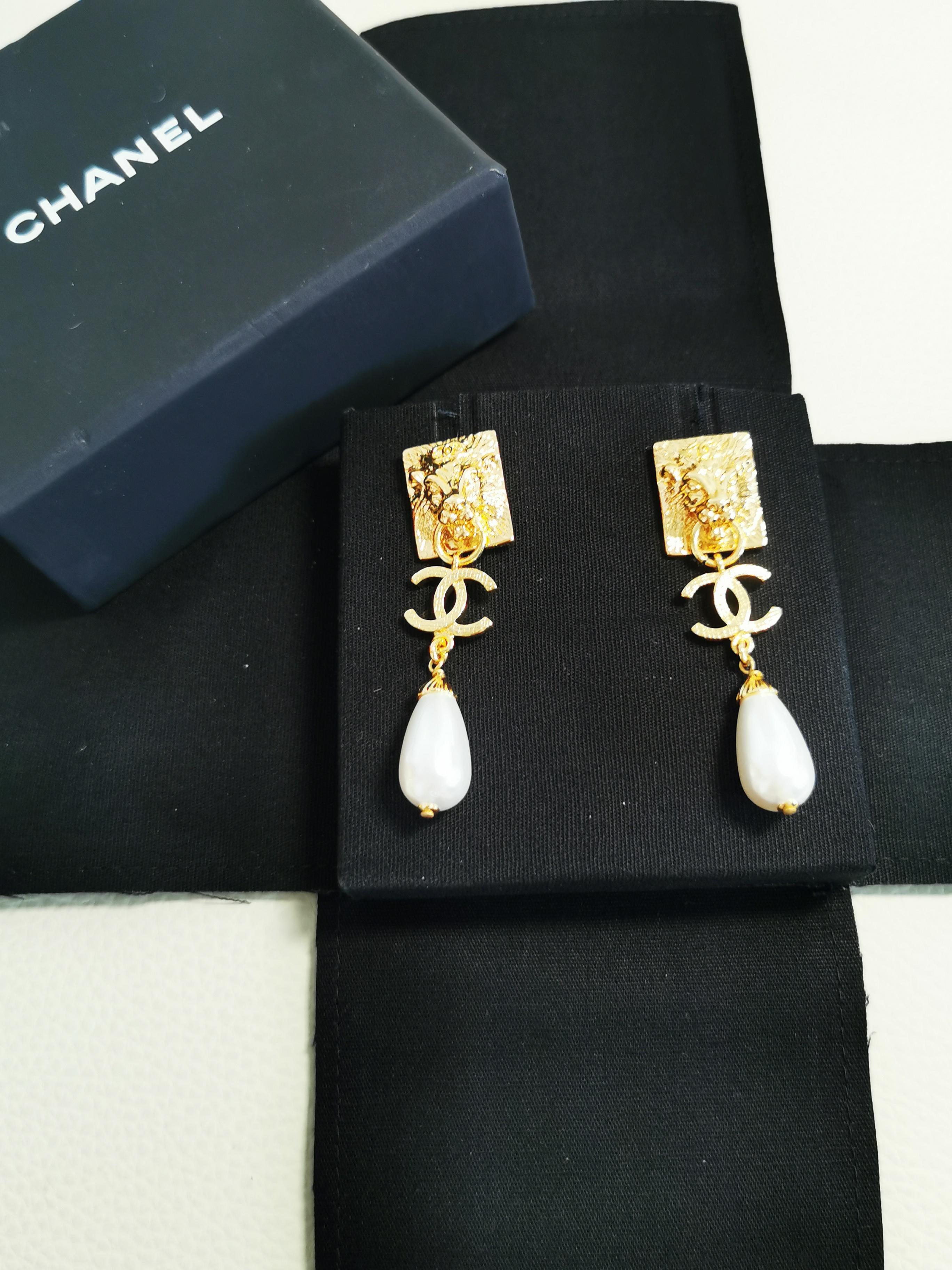Chanel Large Rhinestone CC Drop Pearl Dangling Earrings 1