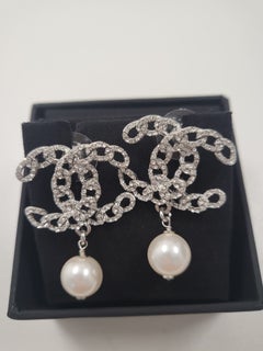 Chanel Large Rhinestone CC Drop Pearl Dangling Earrings