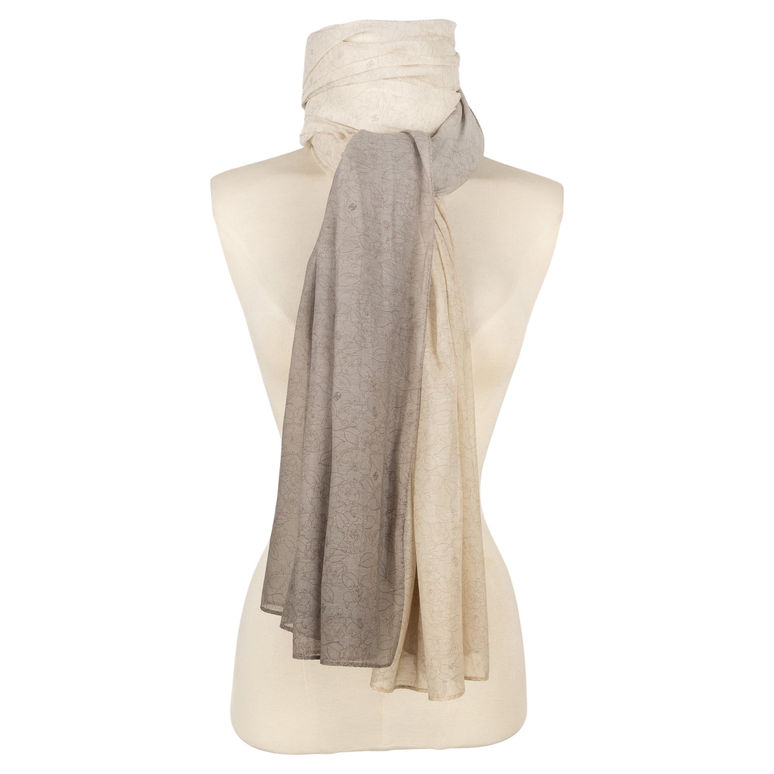 Chanel Large Silk and Cotton Stole in Gray For Sale