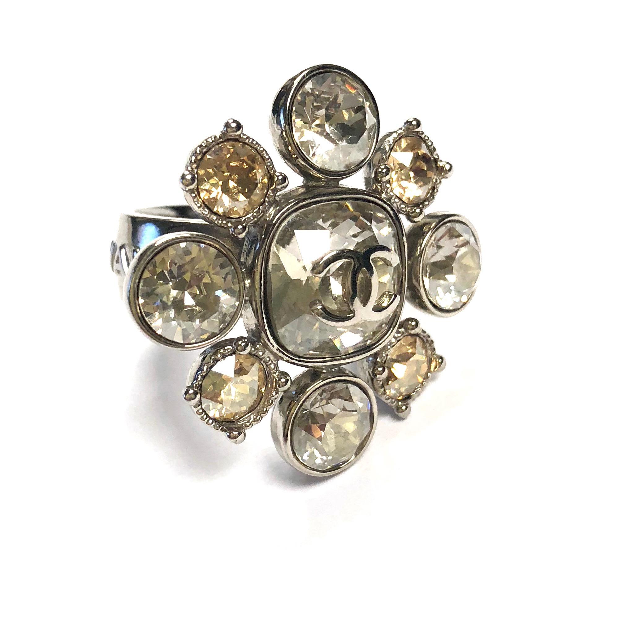 Chanel Large Silver CC Logo Multi-colored Crystal Stones Ring C13 1