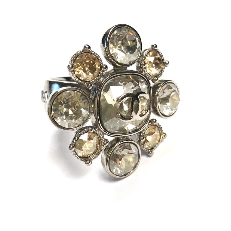Chanel Large Silver CC Logo Multi-colored Crystal Stones Ring C13 at ...