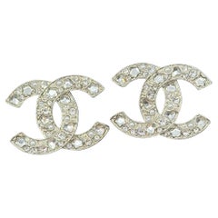 Chanel Large Silver Crystal Pearl CC Heart Statement Earrings