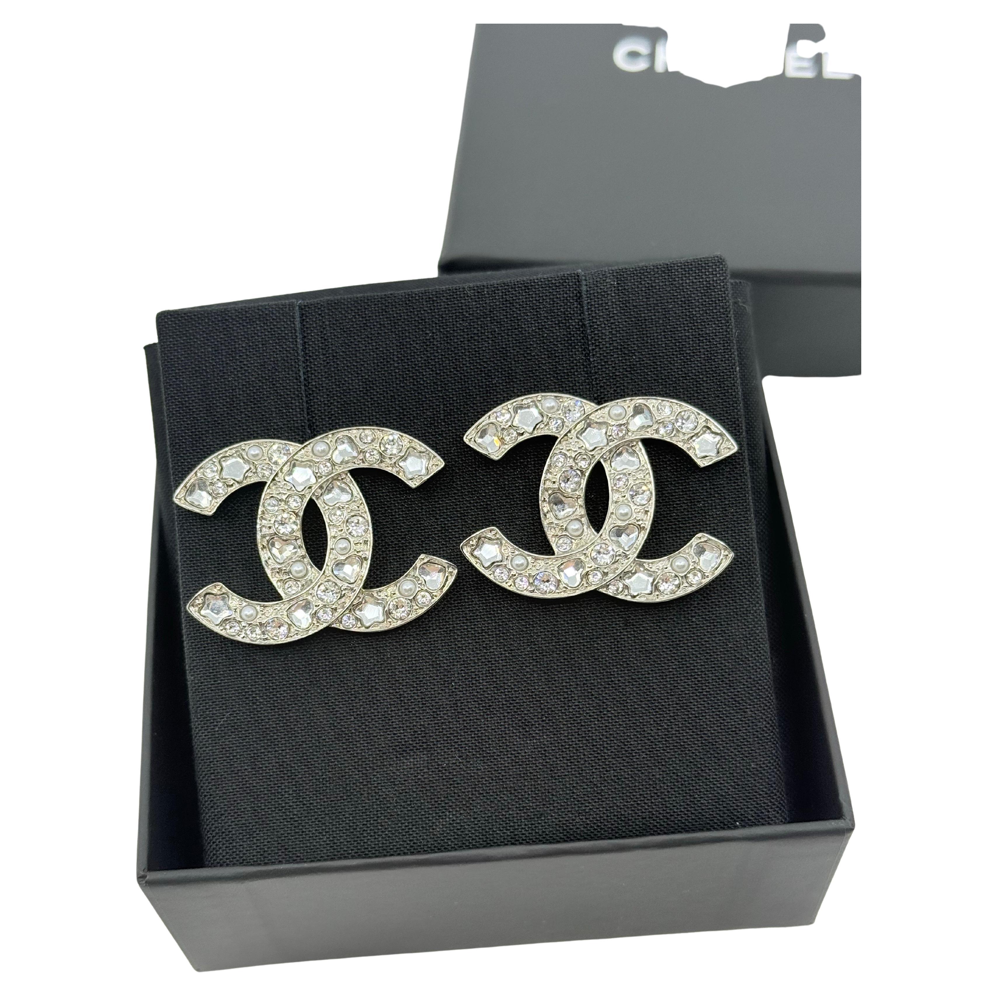Chanel Large Silver Crystal Pearl CC Heart Statement Earrings