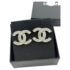 Chanel Large Silver Crystal Pearl CC Heart Statement Earrings