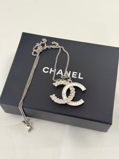 Chanel Large Silver Statement Crystal CC Pendant Necklace