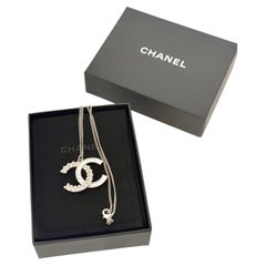 Chanel Large Silver Statement Crystal CC Pendant Necklace