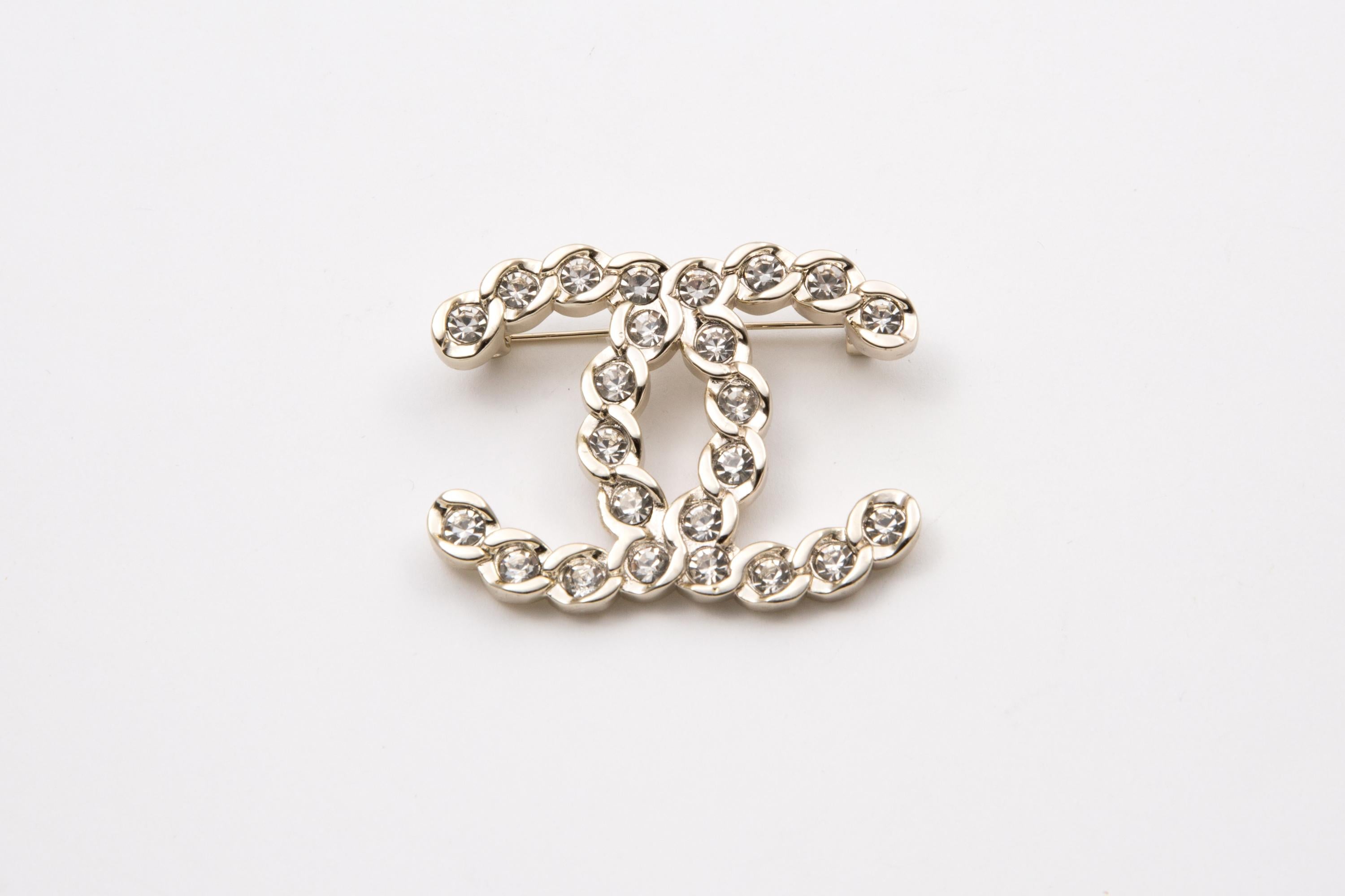 Women's Chanel Large Silver-Tone and Crystal Embellished CC Brooch