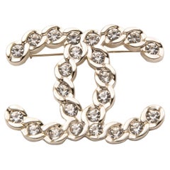 Chanel Large Silver-Tone and Crystal Embellished CC Brooch