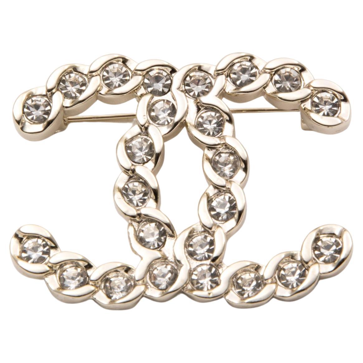 Chanel Large Silver-Tone and Crystal Embellished CC Brooch