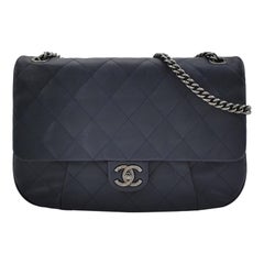Chanel Large Single Flap Navy Calfskin Leather Cannage Stitch Silver Hardware