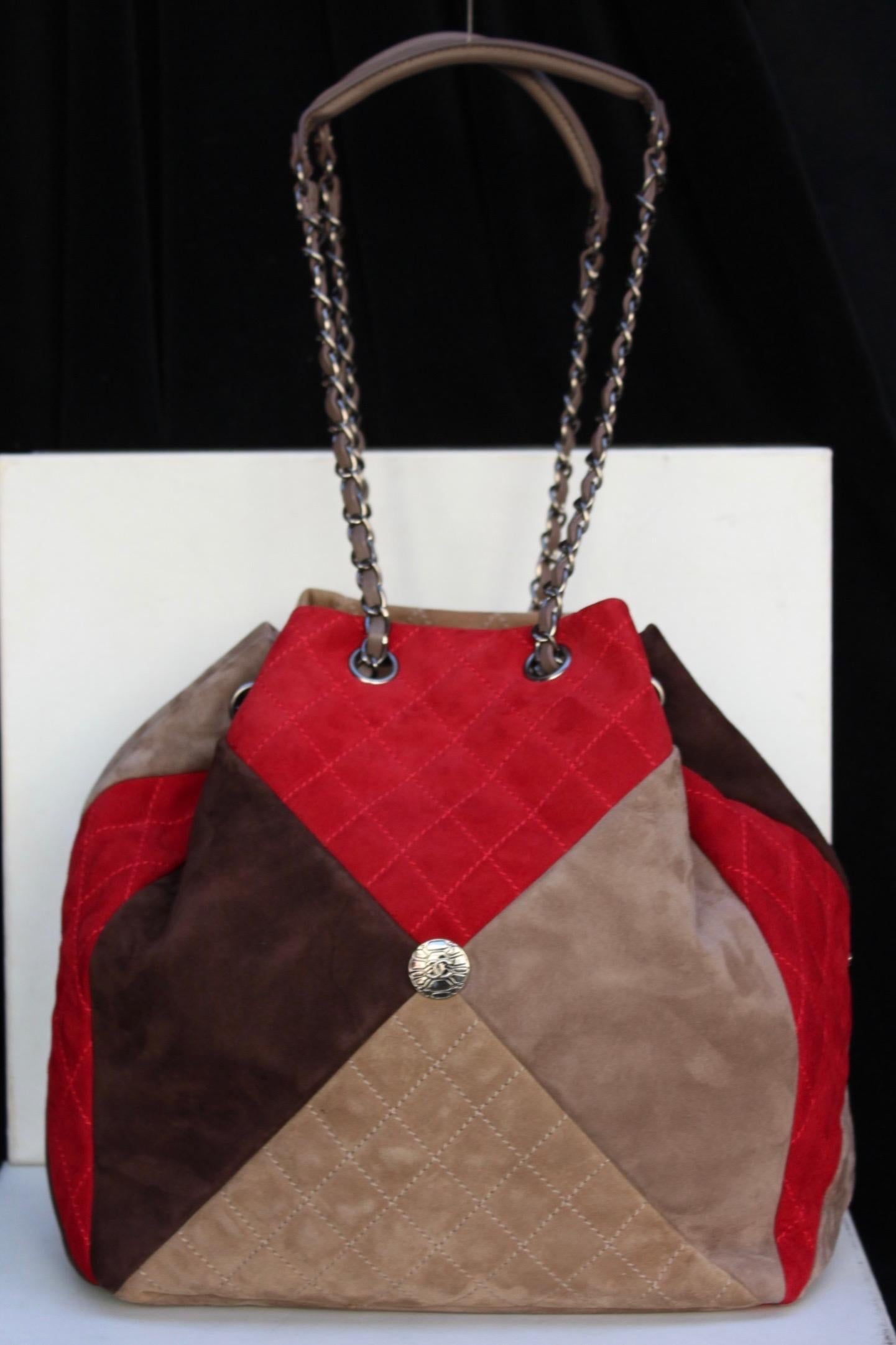 Brown Chanel large suede patchwork tote bag in beige, brown and red colors