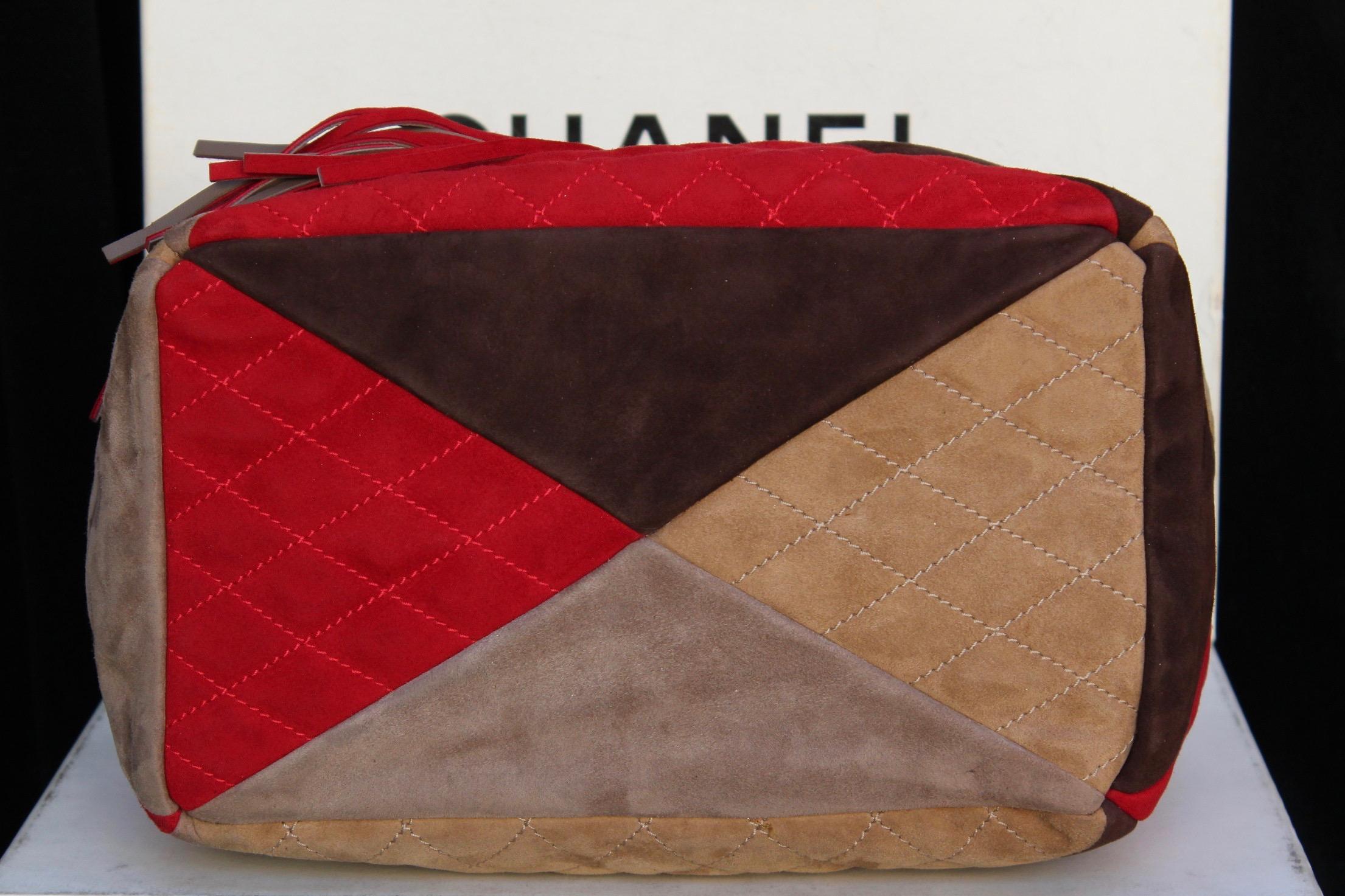 Women's Chanel large suede patchwork tote bag in beige, brown and red colors