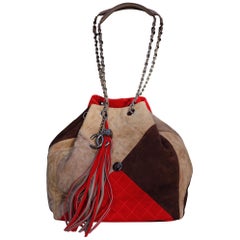 Chanel large suede patchwork tote bag in beige, brown and red colors