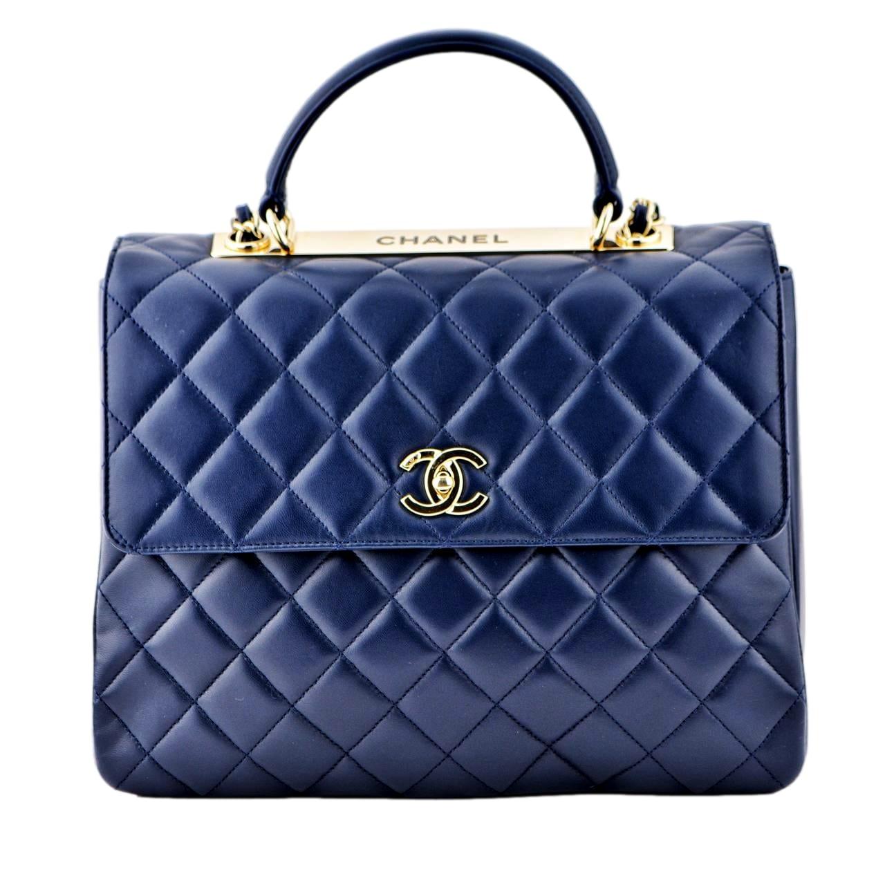 Chanel Large Trendy CC Top Handle Flap Bag in Navy Lambskin For Sale 3