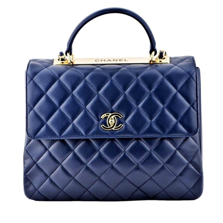 Chanel Large Trendy CC Top Handle Flap Bag in Navy Lambskin For