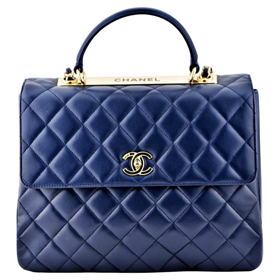 Chanel Large Trendy CC Top Handle Flap Bag in Navy Lambskin For Sale