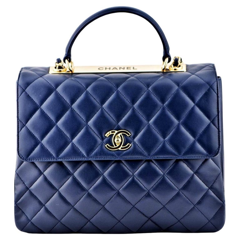 Chanel Large Trendy CC Top Handle Flap Bag in Navy Lambskin For Sale at